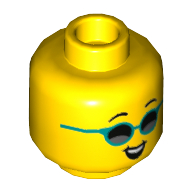 Lego Minifig Head, Thin Eyebrows, Smile, Dark Turquoise Sunglasses / Eyelashes Print / Yellow