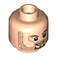 Minifig Head Scrum, Brown Stubble and Goatee, Scar on Right Eye Print [Blocked Open Stud] / Light Nougat