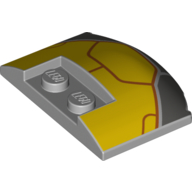 Lego Brick Round 3 x 4 x 2/3 Triple Curved with 2 Sunk Studs with Yellow.Dark Bluish Grey Armour, Dark Red Lines print / Light Bluish Gray