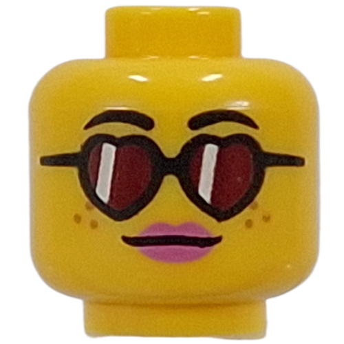 Lego Minifig Head, Bright Pink Lips, Open Mouth Smile / Heart-Shaped Glasses, Red Lenses / Yellow