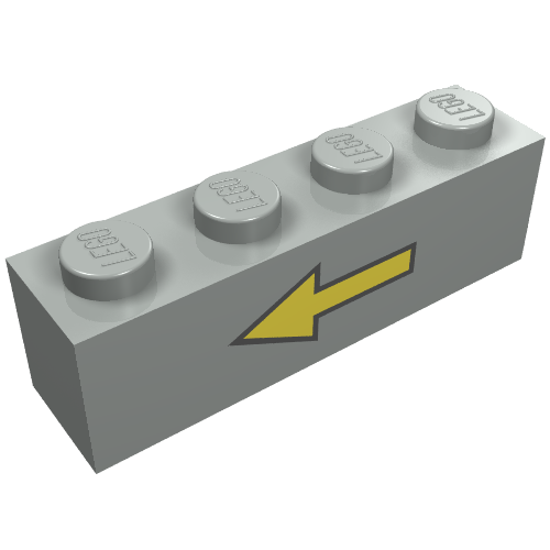 Lego Brick 1 x 4 with Yellow Left Arrow and Black Border Print / Light Gray