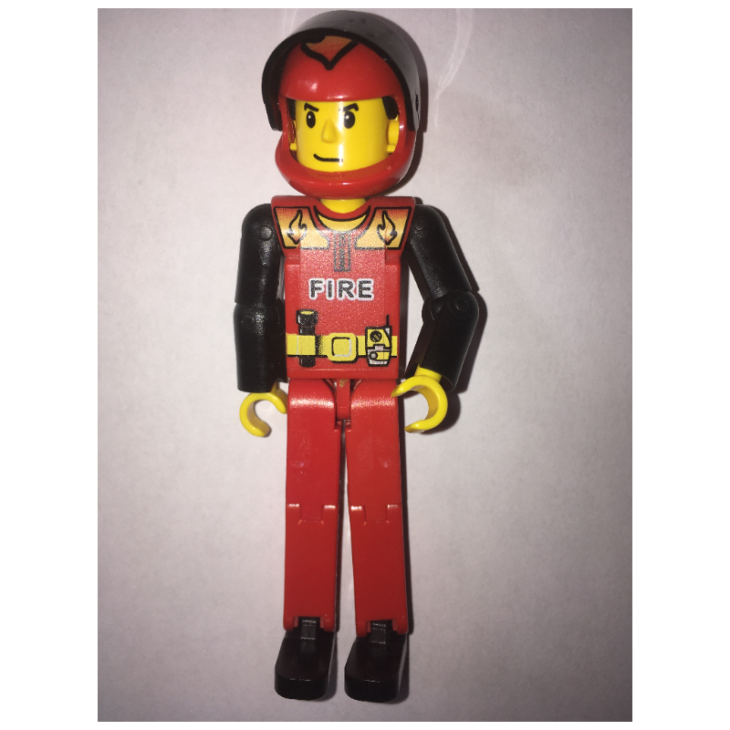 Lego Technic Figure Red Legs, Red Top with Fire Print, Black Arms - Red Helmet
