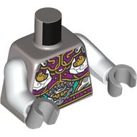 Lego Torso, Gold/Dark Purple/Dark Turquoise Asian Decorations print, White Arms, Light Bluish Gray Hands / Flat Silver
