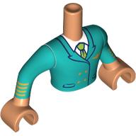 Lego Minidoll Torso Man with Nougat Arms and Hands with Dark Turquoise Uniform, Gold Decorations, White Shirt, Lime Tie print / Nougat