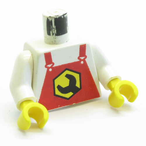 Lego Torso Overalls, Red with Wrench Logo Print, White Arms, Yellow Hands / White