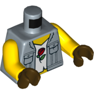 Lego Torso Vest, Pockets and Collar, Open over White Shirt with Rose Print, Yellow Arms, Dark Brown Hands / Sand Blue