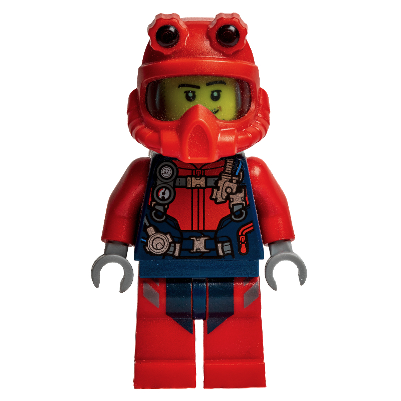 Lego Diver, Man, Red and Dark Blue Wetsuit with Straps and Gauges, Red Diving Helmet, Airtanks, Stubble