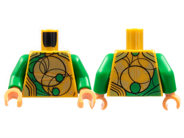 Lego Torso Armor, Green and Gold Circles, Black Curves Pattern / Green Arms / Nougat Hands