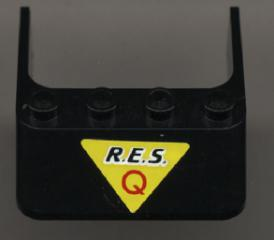 Lego Windscreen 4 x 4 x 1 with Black 'R.E.S.' and Red 'Q' on Yellow Triangle Pattern (Sticker) - Set 6451