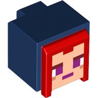 Lego Minifig Head Special, Cube with Raised Light Nougat Face, Red Hair Print / Dark Blue