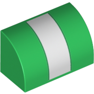 Lego Brick Curved 1 x 2 x 1 No Studs with White Stripe Print / Green