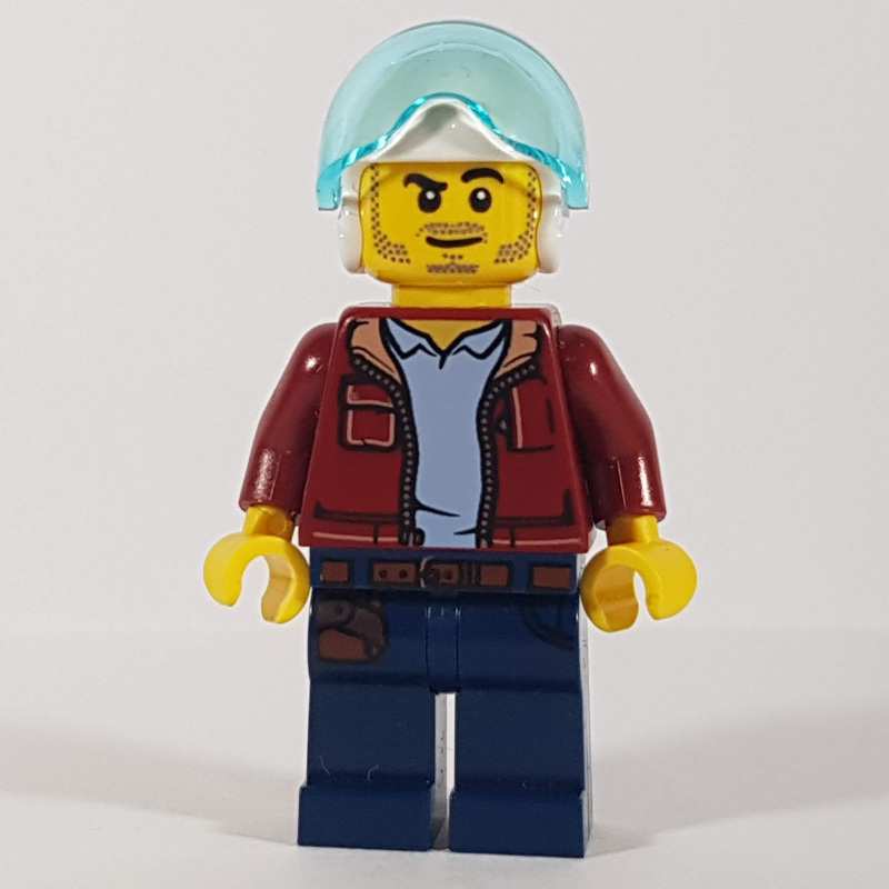 Lego Marine Explorer, Open Dark Red Jacket, Dark Blue Legs, White Helmet with Visor, Stubble