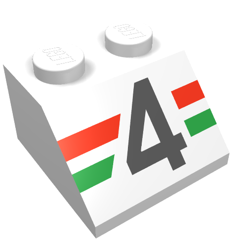 Lego Brick Sloped 45° 2 x 2 with Black '4' over Red and Green Stripes Print / White