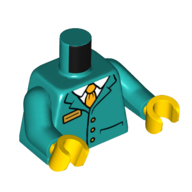 Lego Torso Jacket, Orange Name Tag, Buttons, Tie, White Shirt print, Dark Turquoise Arms, Yellow Hands / Dark Turquoise
