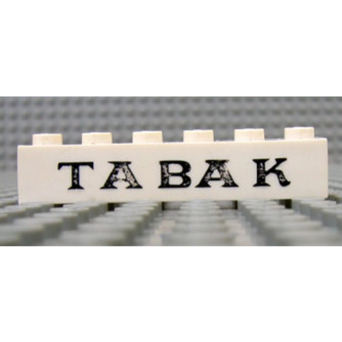 Lego Brick 1 x 6 with 'TABAK' Serif Black Print / White