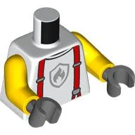 Torso, Red Suspenders, Light Bluish Grey Fire Fighter Logo Print, Yellow Arms, Dark Bluish Gray Hands / White