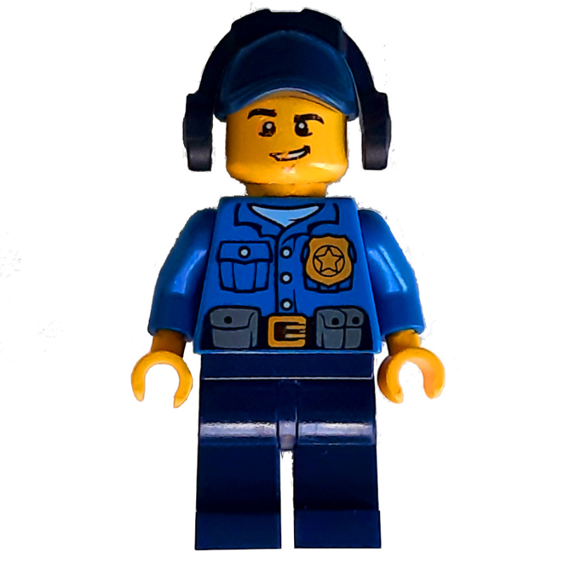 Lego Policeman, Blue Shirt with Badge and Pouches, Dark Blue Legs, Dark Blue Cap with Ear Defenders