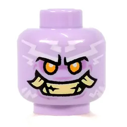 Minifig Head Poulerik / Thunder Keeper, Bright Light Orange Eyes, Tan Teeth Angry Smile, Fangs, White Lightning Print / Lavender