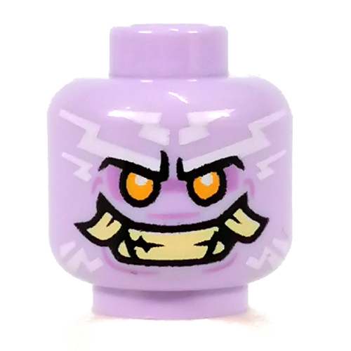 Lego Minifig Head Poulerik / Thunder Keeper, Bright Light Orange Eyes, Tan Teeth Angry Smile, Fangs, White Lightning print / Lavender