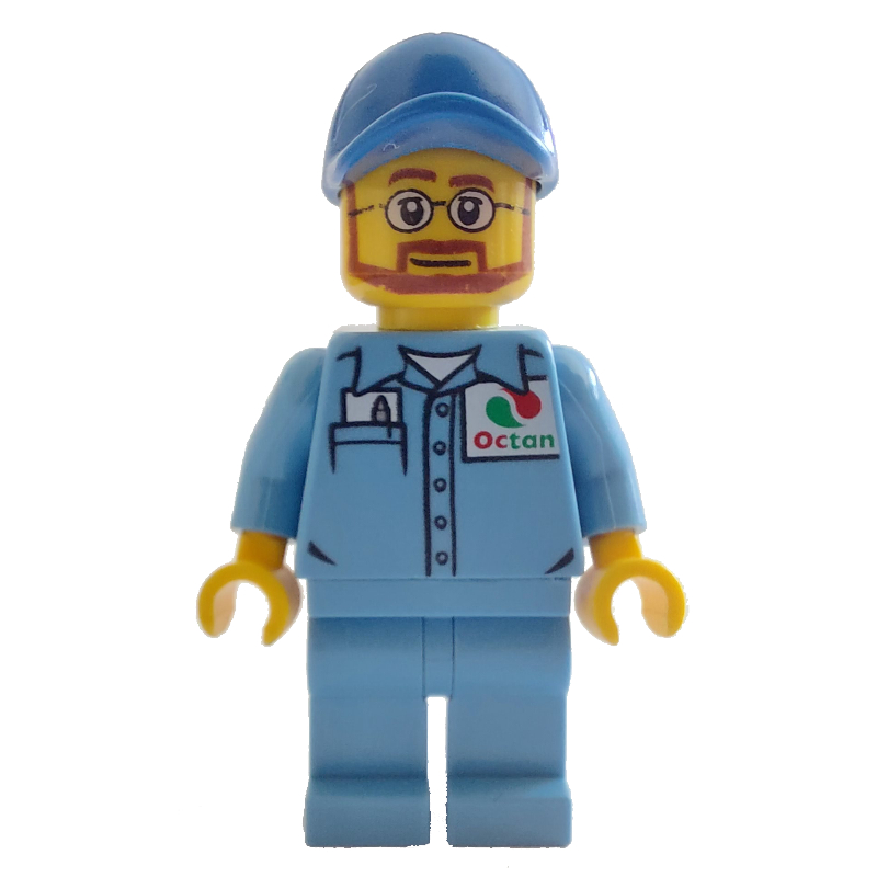Lego Man, Medium Blue Shirt with Octan Logo, Medium Blue Legs, Blue Cap, Beard and Glasses