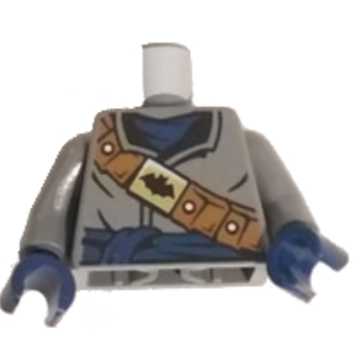 Lego Torso Coat with Dark Blue Scarf and Sash, Dark Orange Bandolier with Black Batman Logo on Gold Buckle Print, Dark Bluish Gray Arms, Dark Blue Hands / Dark Bluish Gray