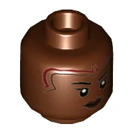 Minifig Head Okoye, Dark Red and Dark Brown Markings, Dark Brown Lips, Angry, Stern Print / Reddish Brown