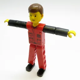 Technic Figure Red Legs, Red Top with Black Print, Black Arms, Brown Hair / [No Color/Any Color]