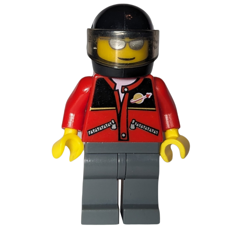 Lego Man, Red Jacket with Classic Space Logo, Black Helmet with Visor, Silver Sunglasses