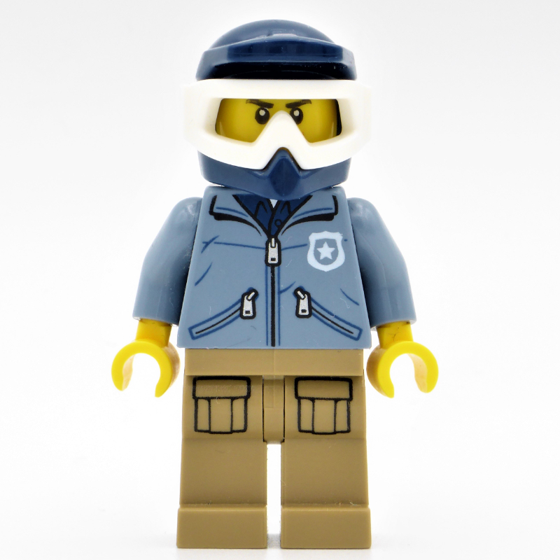 Lego Policeman, Sand Blue Jacket with Pockets and 'POLICE' on Back, Dark Blue Dirt Bike Helmet with Goggles