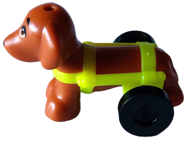 Lego Dog, Mini Doll Style, Dachshund with Neon Yellow Wheelchair Harness with Black Wheels (Friends Pickle)