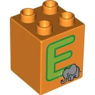 Duplo Brick 2 x 2 x 2 with 'E' and Elephant Print / Orange