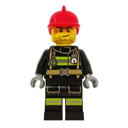 Fireman, Black Fire Suit with Gauge and Straps, Red Helmet, Stubble and Scar