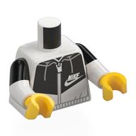 Lego Torso, Dual Molded Arms with Black/White Tracksuit, 'NIKE' LogoBlack Sleeves Pattern, White Arms, Yellow Hands / White