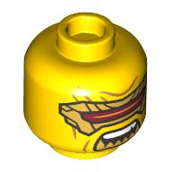 Lego Minifig Head Rapton, Gold and Dark Red Visor, Closed Mouth / Angry Open Mouth with Fanged Teeth print / Yellow