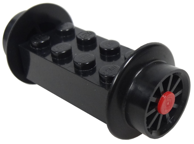 Lego Brick, Modified 2 x 4 with Black Wheels, Train Spoked Small (23mm D.) and Red Pins (4180 / wheel3 / 2344)