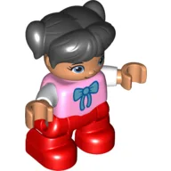 Duplo Figure Child with Ponytails and Bangs Black, with Red Legs, Nougat Face and Hands, Bow Print / Bright Pink