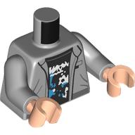 Lego Torso Jacket, Black Undershirt with White and Blue Shapes Print, Light Bluish Gray Arms, Light Nougat Hands / Light Bluish Gray