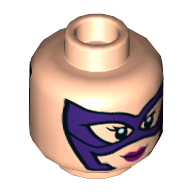 Lego Minifig Head Huntress, Purple Eyemask, Magenta Lips, Smile / Angry Print / Light Nougat