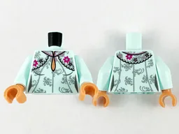 Torso Female Dress, Teardrop Neckline, Silver Flower Filigree, Magenta Flowers and Black Stars Pattern / Light Aqua Arms / Nougat Hands