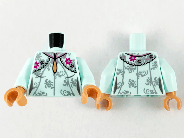 Lego Torso Female Dress, Teardrop Neckline, Silver Flower Filigree, Magenta Flowers and Black Stars Pattern / Light Aqua Arms / Nougat Hands