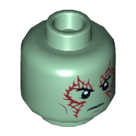 Lego Minifig Head Drax, Light Bluish Gray Cheek Lines, Dark Red Tattoos on Front and Back, Serious Print / Sand Green