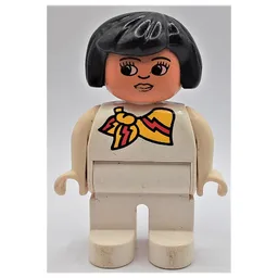 Duplo Figure, Early, Hair Bob Black, White Legs, Yellow and Red Scarf Print / White