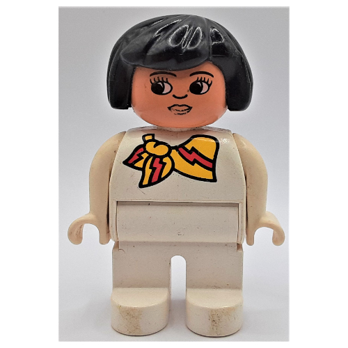 Lego Duplo Figure, Early, Hair Bob Black, White Legs, Yellow and Red Scarf Print / White