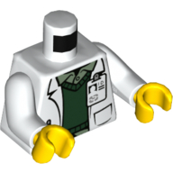 Lego Torso, Lab Coat, ID Badge, Dark Green Sweater, Sand Green Shirt print, White Arms, Yellow Hands / White