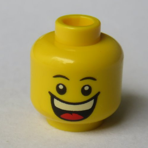 Lego Minifig Head, Huge Grin, White Pupils, Eyebrows / Sad with Tear Print [Hollow Stud] / Yellow