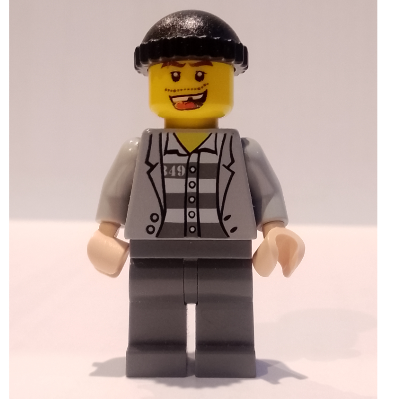 Lego Criminal, Open Light Bluish Gray Jacket over Prison Shirt, Light Bluish Gray Legs, Black Hat, Missing Tooth
