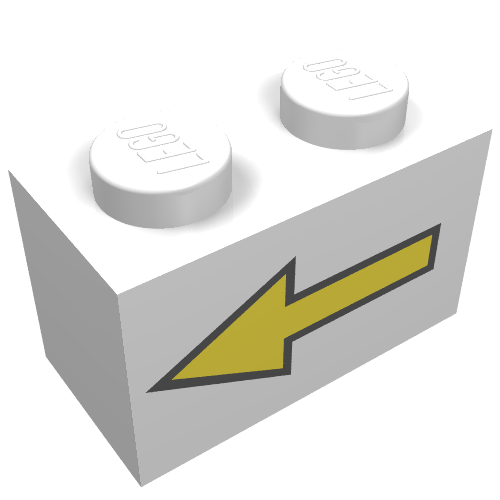 Lego Brick 1 x 2 with Yellow Left Arrow with Black Border Print / White