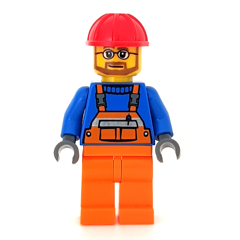 Lego Construction Worker, Orange Overalls, Red Hard Hat, Beard and Glasses