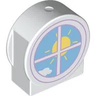 Duplo Brick 1 x 3 x 2 Round Top, Cut Away Sides with Window and Sun Print / White