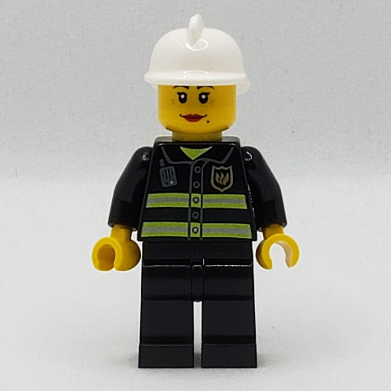 Lego Firewoman, Black Fire Jacket with Radio and Badge, White Helmet